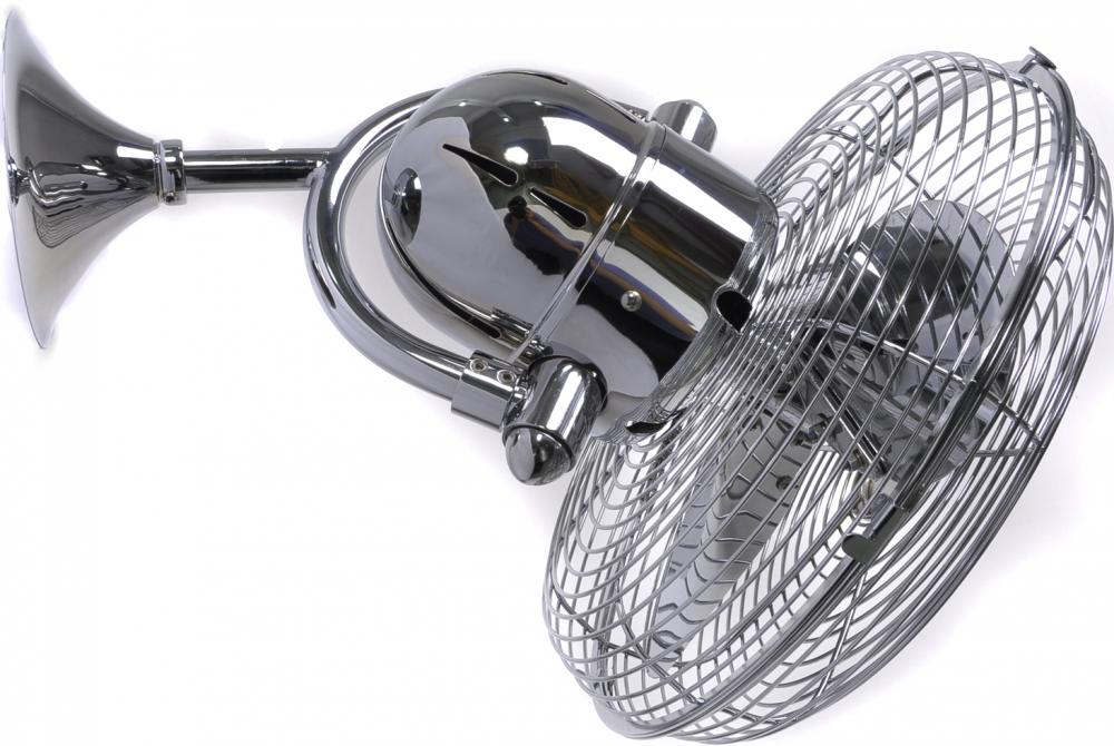 Kaye 90° oscillating 3-speed ceiling or wall fan in polished chrome finish.